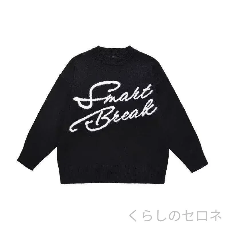 ニットセーター 男女兼用 ゆったり クルーネック ブラック レトロ 韓国風 アメリカンスタイル カジュアル 春秋 トップス 秋物 部屋着 デイリー 吸湿速乾 軽量