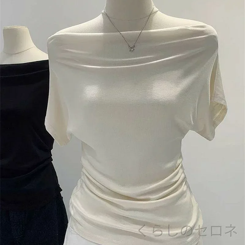 Tシャツ レディース 春夏 再生繊維 一文字肩 オフショルダー 短袖 スリムフィット 柔らかい手触り デザイン 肩出し トップス ボディコンシャス 日常使い 軽量 通勤 通学