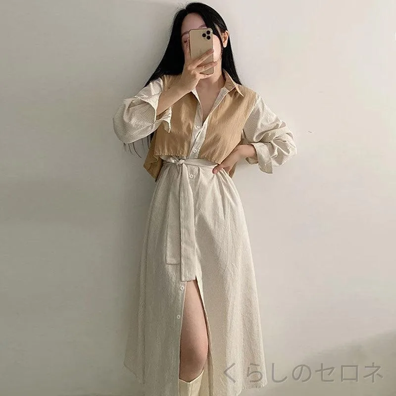 レディース シャツワンピース ロング丈 ストライプ 襟付き 切り替え スリット ウエストリボン 上品 きれいめ シンプル 細見え 体型カバー スタイルアップ カジュアル 秋