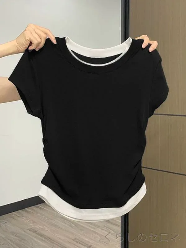 レディース Tシャツ 春夏 黒 スリム コントラストカラー モダール素材 短袖 フェイクツーピース 韓国風 デザイン トップス 軽やか 吸湿速乾 スタイリッシュ ベーシック レイヤード