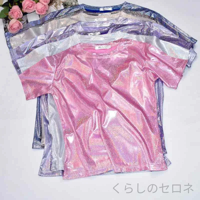 Tシャツ レディース 薄手 ゆったり 短袖 光沢 キラキラ トップス 大きめサイズ 学生 通学 インナー 閃光 再生繊維 接触冷感