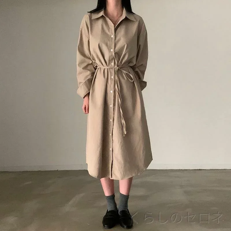 レディース ワンピース シャツワンピース 長袖 ポロ襟 前ボタン ウエストリボン ウエストマーク 上品 シンプル きれいめ 通勤 オフィスカジュアル 春