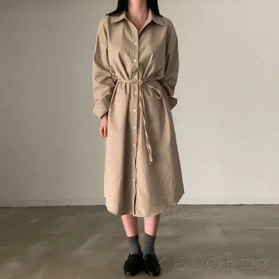 レディース ワンピース シャツワンピース 長袖 ポロ襟 前ボタン ウエストリボン ウエストマーク 上品 シンプル きれいめ 通勤 オフィスカジュアル 春