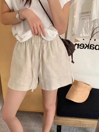 レディース ショートパンツ ハーフパンツ ボトムス リネン 麻 Aライン ストレート ウエストゴム ドローストリング ショート丈 楽ちん きれいめ 普段使い 着回し カジュアル 夏用