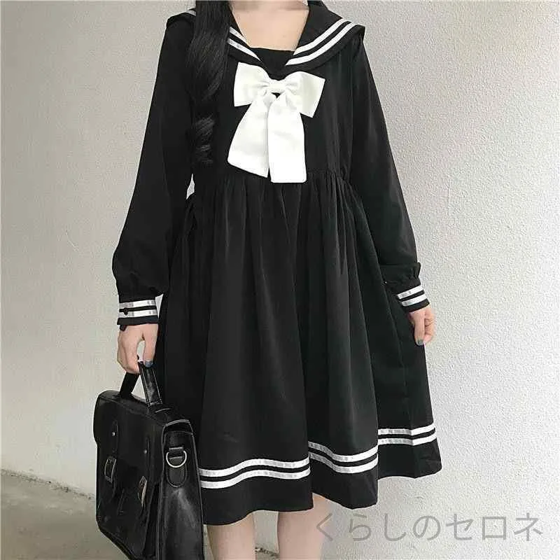 ワンピース レディース 長袖 学院風 韓国風 ゆったり 中長丈 セーラーカラー ドールスカート 小清新 学生服風 ナチュラル