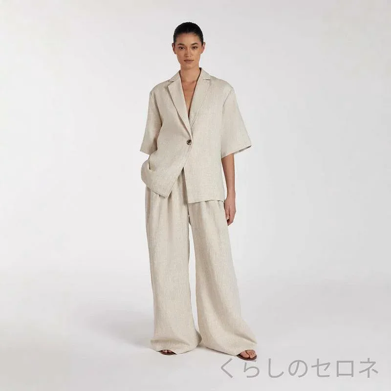 レディース セットアップ 2点セット リネン 麻 ポロ襟 五分袖 カーディガン トップス ワイドパンツ ゆったり 体型カバー 通勤 オフィスカジュアル きれいめ 上品 大人 楽ちん ナチュラル 春 夏