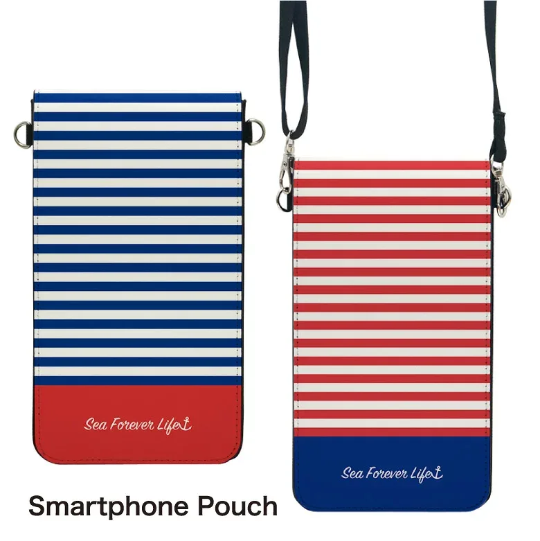 No105 サマーボーダー スマホポーチ スマートフォンポシェット ポシェット iPhone Android タッチ操作対応 ショルダーベルト 肩掛け 斜め掛け ポーチ 合皮 帆布 ジャケット 夏 サマー ボーダー ストライプ 赤 青 レッド ブルー マリン