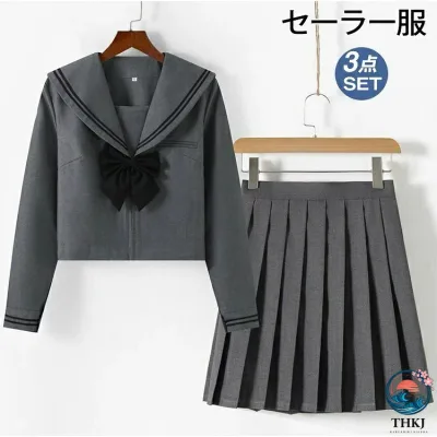 【全品2点で5%OFF】セーラー服 コスプレ 制服 学生制服 JK JK 制服 3 点セット 上下セット 半袖 長袖 リボンタイ 衣装 仮装 学生服 女子制服 高校生 中学生 通学 コスチューム グレー二本 可愛 かわいい おしゃれ キレイ 春 夏 秋 冬 オールシーズン