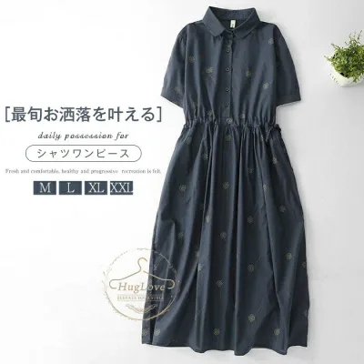 シャツワンピース 春 レディース 半袖 ロングワンピース 小花柄 フレアワンピース きれいめ ワンピ Aライン ロングワンピ スタンダードカラー シャツワンピ ミモレ丈 大きいサイズ ゆったり 体型カバー 春夏秋 大人 可愛い 女性らしい 柔らか 着痩せ 送料無料