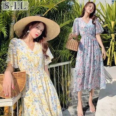 Resort Dress, Women's, Summer Dress, Large Size, Long Maxi Length Dress, Back Shape, Short Sleeve, Chiffon, Sheer, A-line, Clothes to Wear Over Swimsuit, For Hawaii, Okinawa, Travel, Adults, 20s, 30s, 40s, Cute, Stylish, Floral Pattern, Fluffy, Feminine, Thin