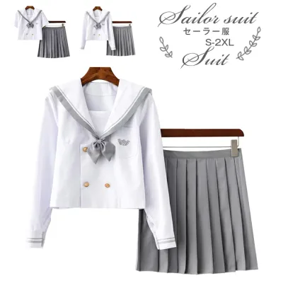 セーラー服 コスプレ 制服 3点セット レディース 白 グレー 半袖 長袖 前開き ダブルボタン シャツ プリーツスカート リボン 学生服 女子高生風 仮装 衣装 コスチューム 学園祭 文化祭 ハロウィン 撮影会 ミニ丈 おしゃれ