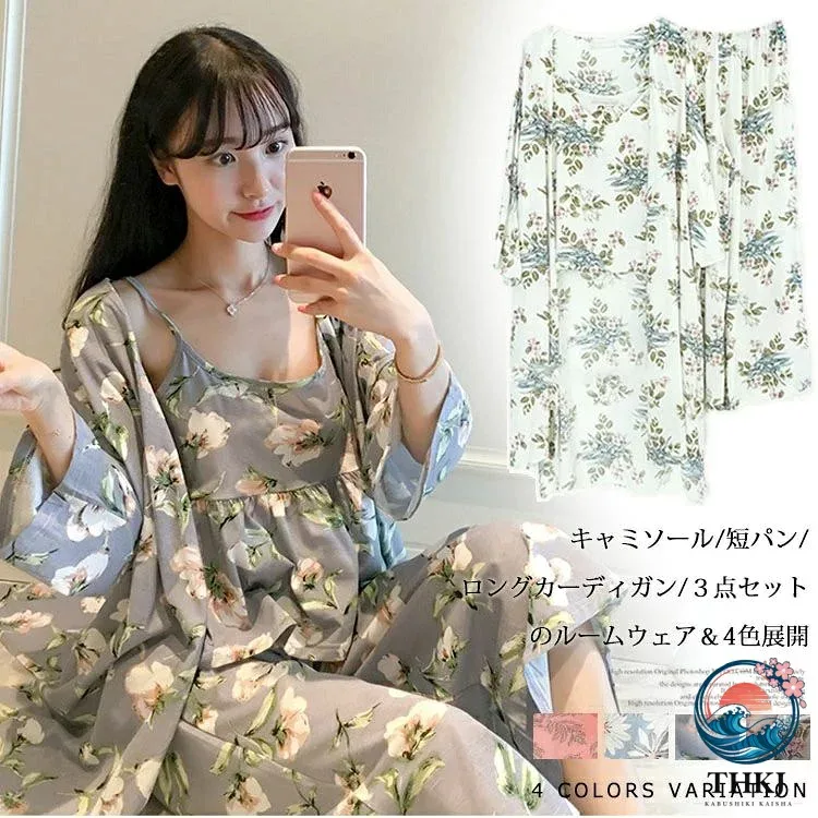 【全品2点で5%OFF】ルームウェア キャミソール パンツ ロングカーディガン 3 点セット レディース 花柄