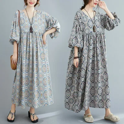 大人可愛い ワンピース 夏 ロングワンピース ワンピース マキシ丈 レディース ロング丈ワンピ ロングワンピース マキシワンピ リゾートワンピース ロングワンピ 五分袖 エスニック 柄 ゆったり Vネック 着やせ