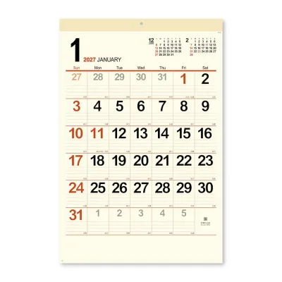 2027Calendar 壁掛けカレンダー2027年 クリーム メモ月表 ジャンボ 書き込み スケジュール インテリア 実用 令和9年暦 新日本カレンダー