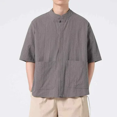 シャツ メンズ 春夏 コットンリネン チャイナボタン 中国風 漢服 半袖 スタンドカラー ストライプ カジュアル 大きいサイズ ゆったり 涼しい 快適 薄手 トップス
