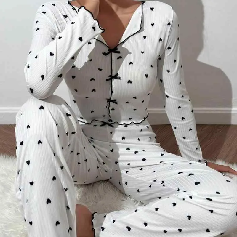 Pajamas, Women's, Sleepwear, Room Wear, Long Sleeves, Long Pants, Top and Bottom Set, Loungewear, Polyester, Stretchy, Comfortable, Love Print, Spring/Summer, Fall/Winter, White, Red