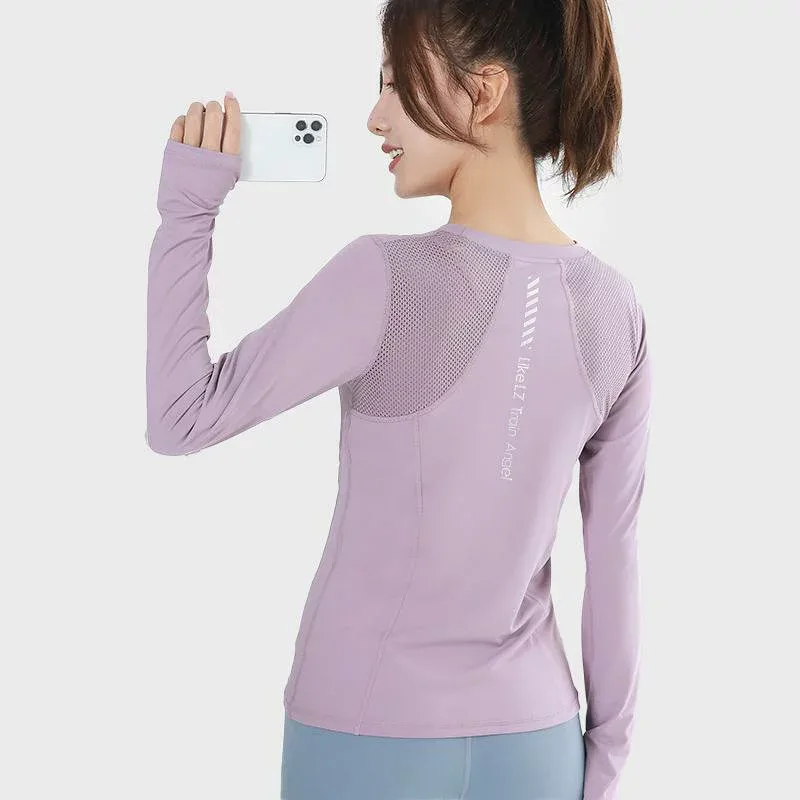 ヨガウェア レディース スポーツウェア 長袖 Tシャツ ラウンドネック メッシュ 吸湿速乾 トレーニング ランニング ウェア トップス カットソー 伸縮性 ストレッチ ブラック グリーン パープル