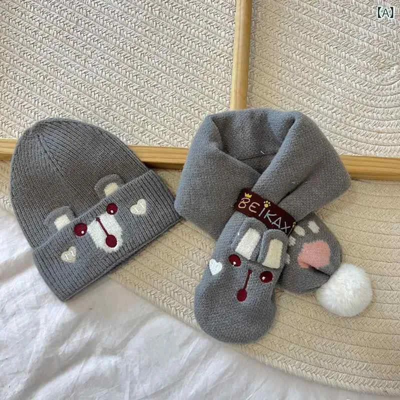 帽子 キッズ ニット帽 マフラー セット 秋冬 子供 男の子 女の子 ベビー あったか かわいい 小熊 刺繍 グレー イエロー2