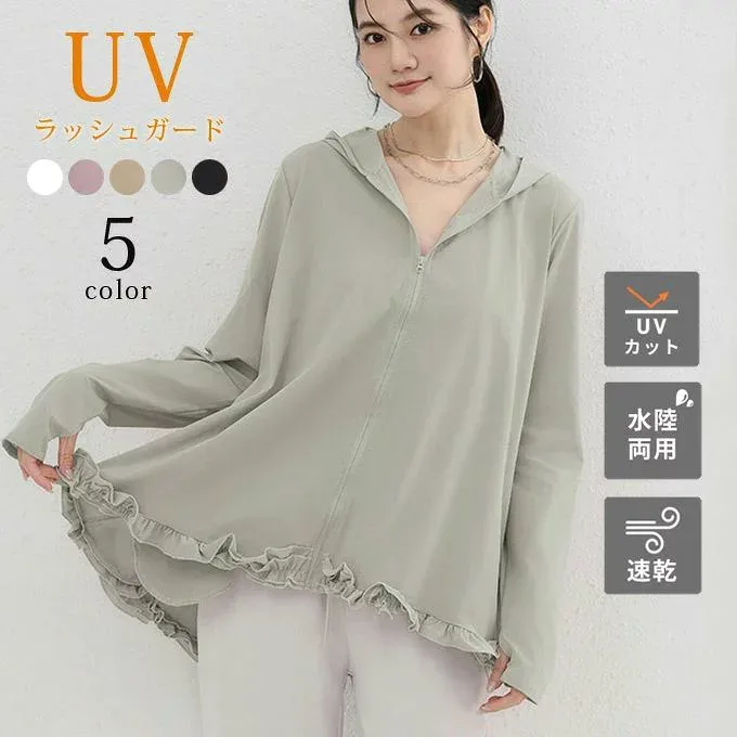 ラッシュガード アウター 速乾 99%UVカット 指穴付き フリルラッシュガード ブルゾン レディース 日焼け対策 紫外線対策 ゆったり 体型カバー フード付き 海 プール ビーチ 水陸両用 春夏 送料無料
