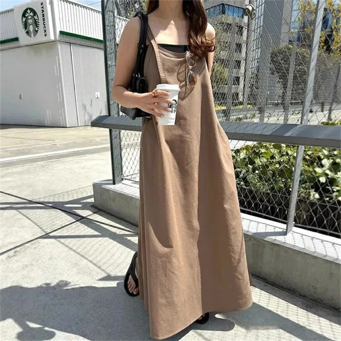 【店長おすすめ】ジャンパー スカート サロペット ワンピース キャミワンピース きれいめ aライン ロング丈 重ね着 シンプル カジュアル レイヤード風 きれいめ お洒落 通勤 OL 綿麻調 大人 通勤 柔らか 日常 無地 レディース ロング