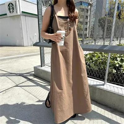 【店長おすすめ】ジャンパー スカート サロペット ワンピース キャミワンピース きれいめ aライン ロング丈 重ね着 シンプル カジュアル レイヤード風 きれいめ お洒落 通勤 OL 綿麻調 大人 通勤 柔らか 日常 無地 レディース ロング