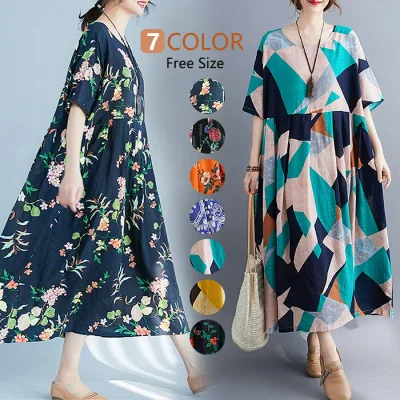 【店長おすすめ】ワンピース ロングワンピース マキシワンピース エスニックワンピース コットンリネン リゾートワンピース ワンピ 五分袖 半袖 大きいサイズ カジュアル 大人 春 夏 ゆったり 体型カバー 綿麻 花柄 総柄 プリント