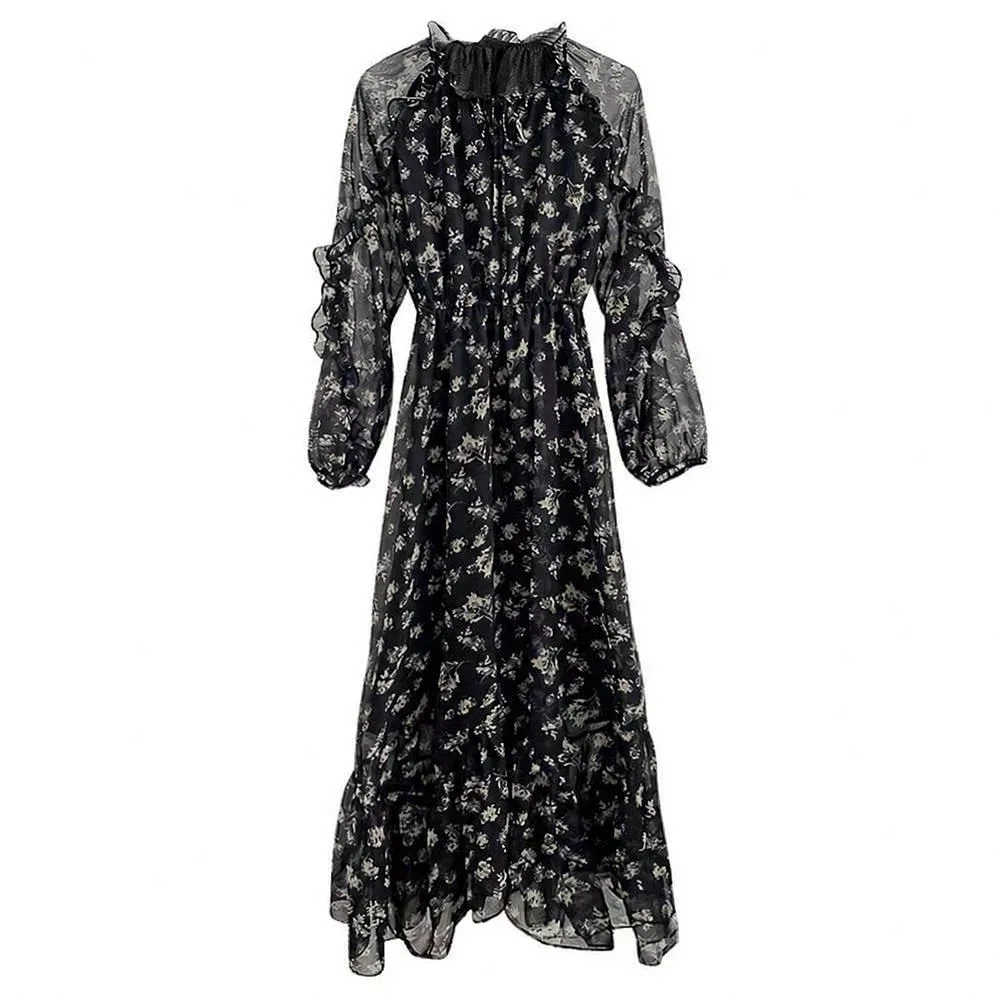 ワンピース ロング 花柄 シフォン レディース 長袖 ティアード フリル 大人可愛い きれいめ 上品 マキシ丈 透け感 襟元リボン 体型カバー 春 秋 お呼ばれ 二次会 デート 旅行 普段着