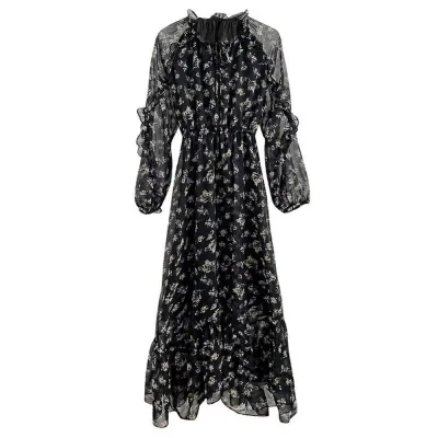 ワンピース ロング 花柄 シフォン レディース 長袖 ティアード フリル 大人可愛い きれいめ 上品 マキシ丈 透け感 襟元リボン 体型カバー 春 秋 お呼ばれ 二次会 デート 旅行 普段着
