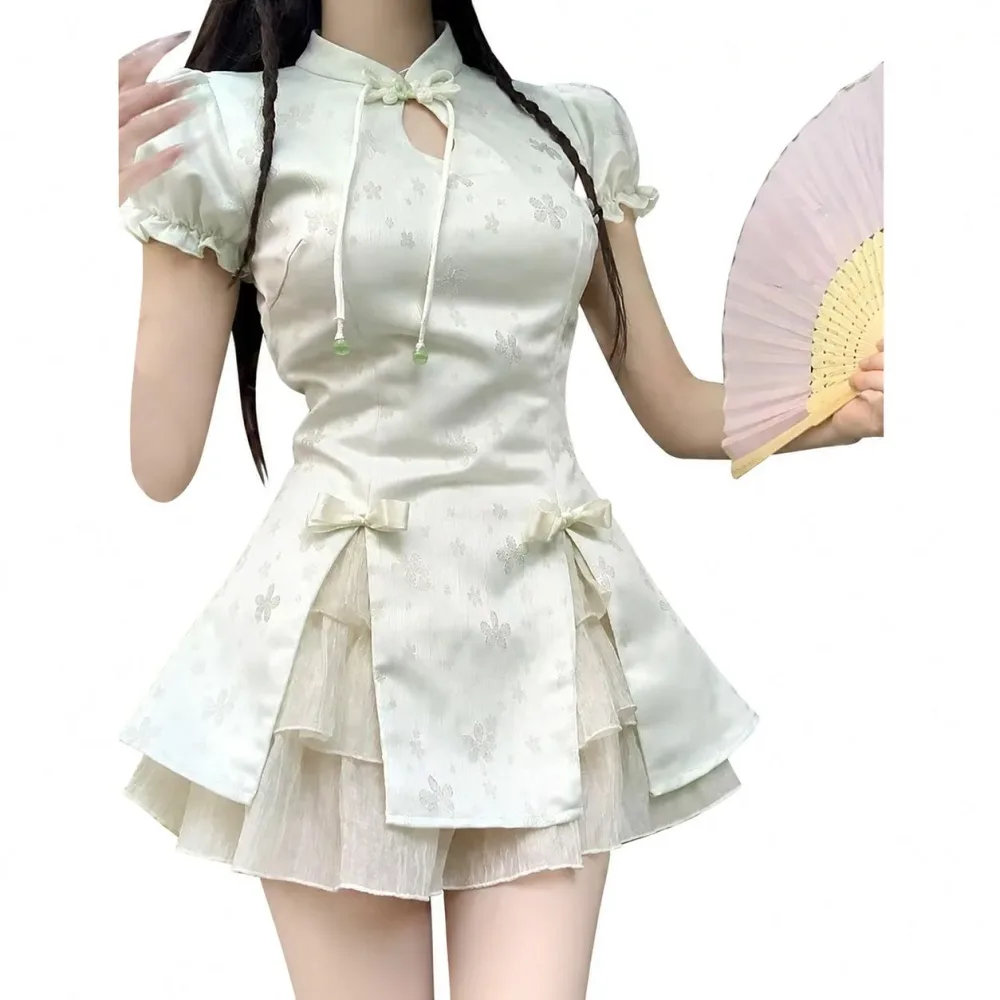 チャイナドレス風 セットアップ レディース 改良チャイナ服 立ち襟 バルーンスリーブ フリルミニスカート ティアード レース 華やか チャイナボタン 中華風 お呼ばれ 同窓会 イベント 文化祭 コスプ