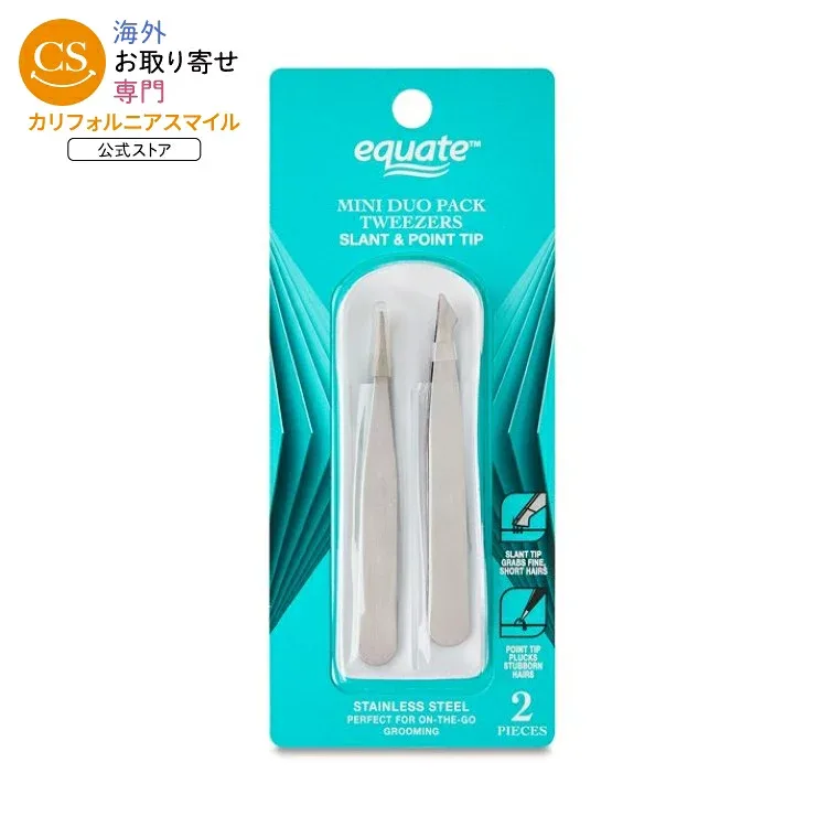 エクエート メタル ミニツイーザー 斜め先端 ポイント先端 2本 Equate Metal Duo Mini Pack Slant and Pointed-Tip Tweezers, 2 Count 【お取り寄せ商品】