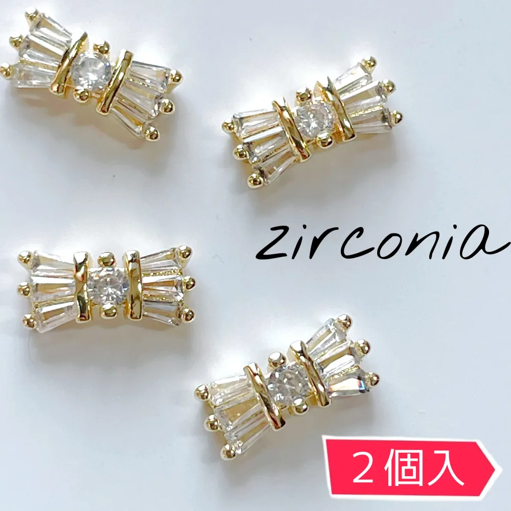 ネイルパーツ 【2個入】リボン 人工ダイヤモンドジュエリー ブライダルネイル チャーム ゴールド セルフネイル 結婚式 ジルコニア ネイル zilconia ジルコニアジュエリー ピアス ハンドメイドアクセサリー SABOE
