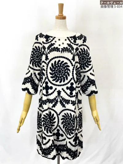 【コトゥー COTOO】W3J20-453-40 ビジュー付き 刺繍柄 7分袖 ワンピース (レディース) size38 ブラック×オフホワイト系 ◎37LOB0127◎ 【中古】