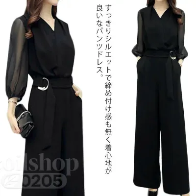 【2点500円クーポン】レディース オールインワン フォーマル パンツスタイル ワイドパンツ ドレス ロングパンツ パンツドレス 体型カバー 細見え 結婚式 2次会 パーティードレス 7分袖 大人女子 春秋 キレイめ 送料無料