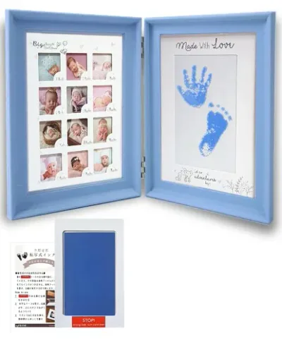 Photo Frame, Handprint Stamp, Break-resistant Resin Frame, 12 Months Old, Growth Record, Baby Photo Frame, No Stain, Handprints, Can Be Used as a Stand, Baby Frame, Baby Gift (Blue Frame/Light Blue Stamp)