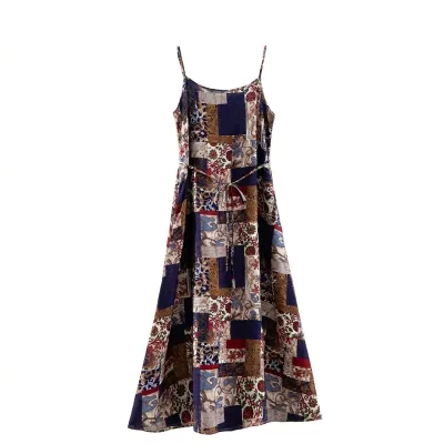 Camisole Dress for Women, Patchwork, Floral Pattern, Ethnic, Bohemian, Maxi Length, Long Dress, Resort, Travel, Cool, A-Line, Loose, Casual, Spring, Summer, Sleeveless, Body Covering, A