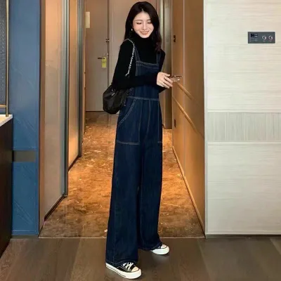 サロペット デニム レディース オーバーオール ストレート ワイドパンツ 脚長効果 ハイウエスト 着痩せ きれいめ カジュアル ジーパン 春 秋 ロング つなぎ ブルー