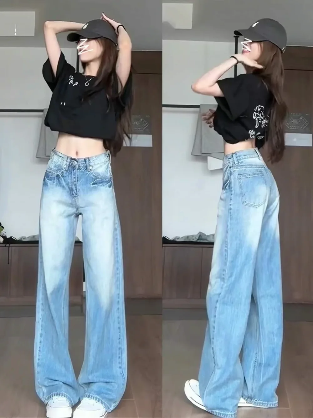 【脚長美脚】デニム パンツ レディース ハイウエスト ワイドパンツ ジーンズ ジーパン ズボン ロング丈 バギーパンツ ストレート 薄色 ライトブルー ウォッシュ加工 ヴィンテージ風 落ち感 体型カバー 着痩せ ゆったり 大きいサイズ 韓国 ストリート Y2K カジュアル