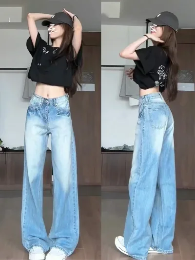 【脚長美脚】デニム パンツ レディース ハイウエスト ワイドパンツ ジーンズ ジーパン ズボン ロング丈 バギーパンツ ストレート 薄色 ライトブルー ウォッシュ加工 ヴィンテージ風 落ち感 体型カバー 着痩せ ゆったり 大きいサイズ 韓国 ストリート Y2K カジュアル