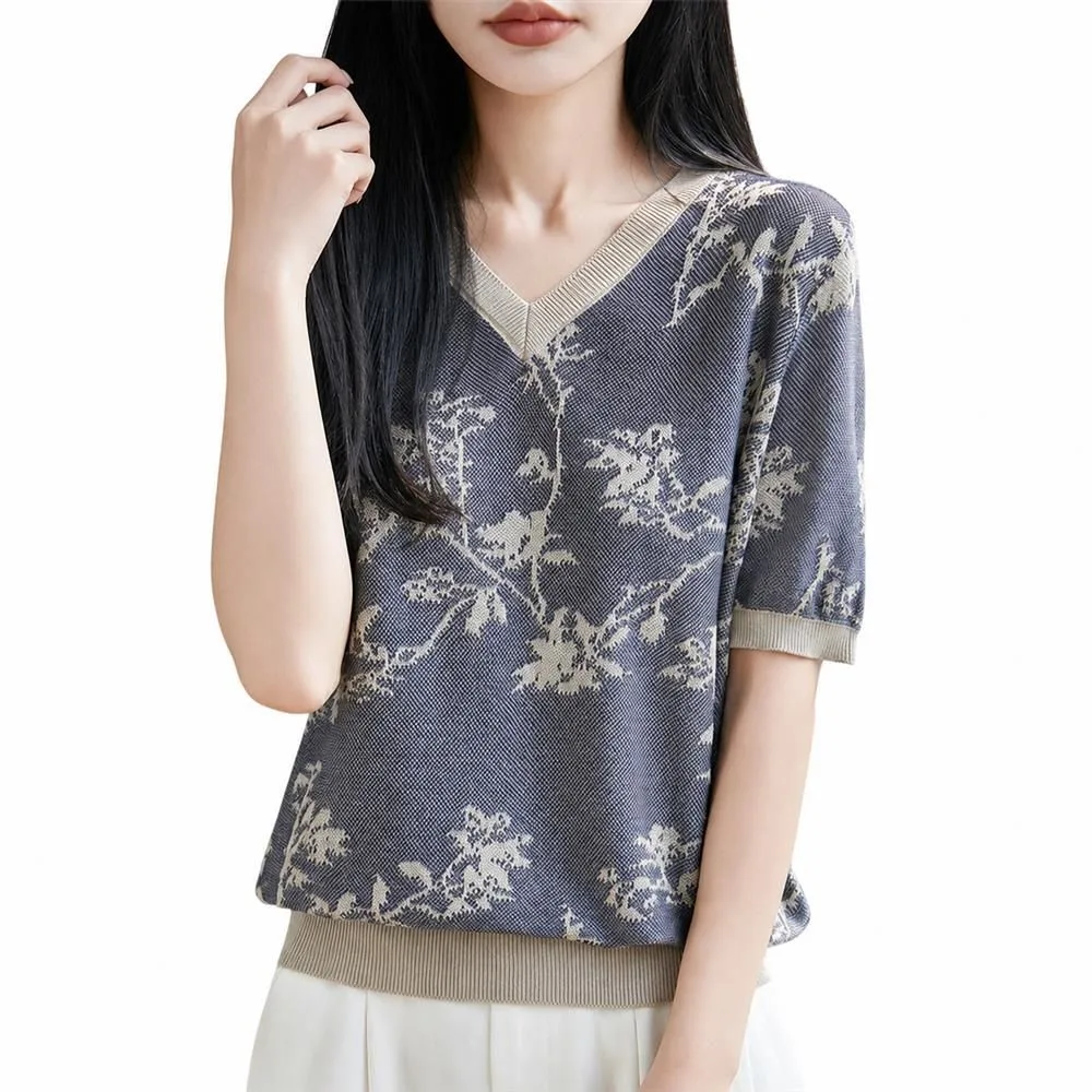 サマーニット レディース 半袖 vネック ジャガード 花柄 カットソー リヨセル テンセル ニットソー tシャツ きれいめ トップス プルオーバー カジュアル 体型カバー おしゃれ 上品 着痩せ お出