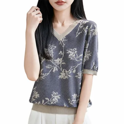 サマーニット レディース 半袖 vネック ジャガード 花柄 カットソー リヨセル テンセル ニットソー tシャツ きれいめ トップス プルオーバー カジュアル 体型カバー おしゃれ 上品 着痩せ お出