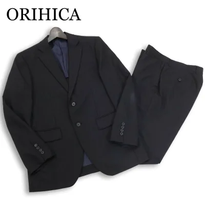ORIHICA オリヒカ 通年 背抜き★ ヘリンボーン ストライプ ビジネス セットアップ スーツ Sz.92A5 メンズ 黒