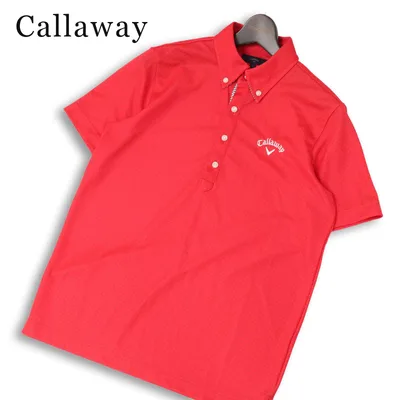 Callaway キャロウェイ ゴルフ 春夏★ 半袖 鹿の子 ロゴ刺繍 ドット ストレッチ ボタンダウン ポロシャツ Sz.M メンズ 赤系