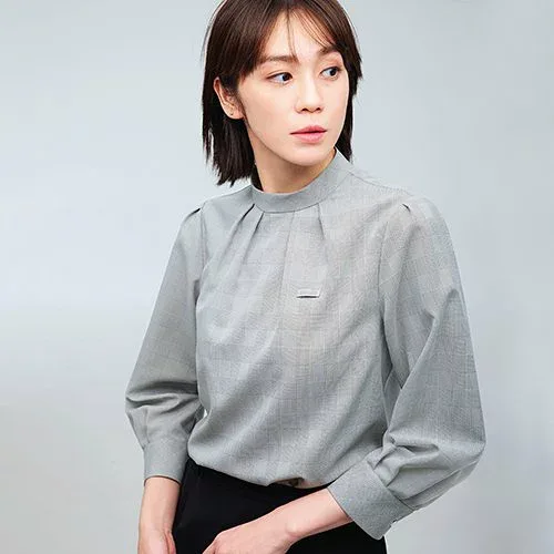 ENJOY Noir(カーシーカシマ) 事務服 八分袖ブラウス NWB075 レディース 洗える ストレッチ チェック グレーチェック/チャコールグレー 5号-17号 送料無料