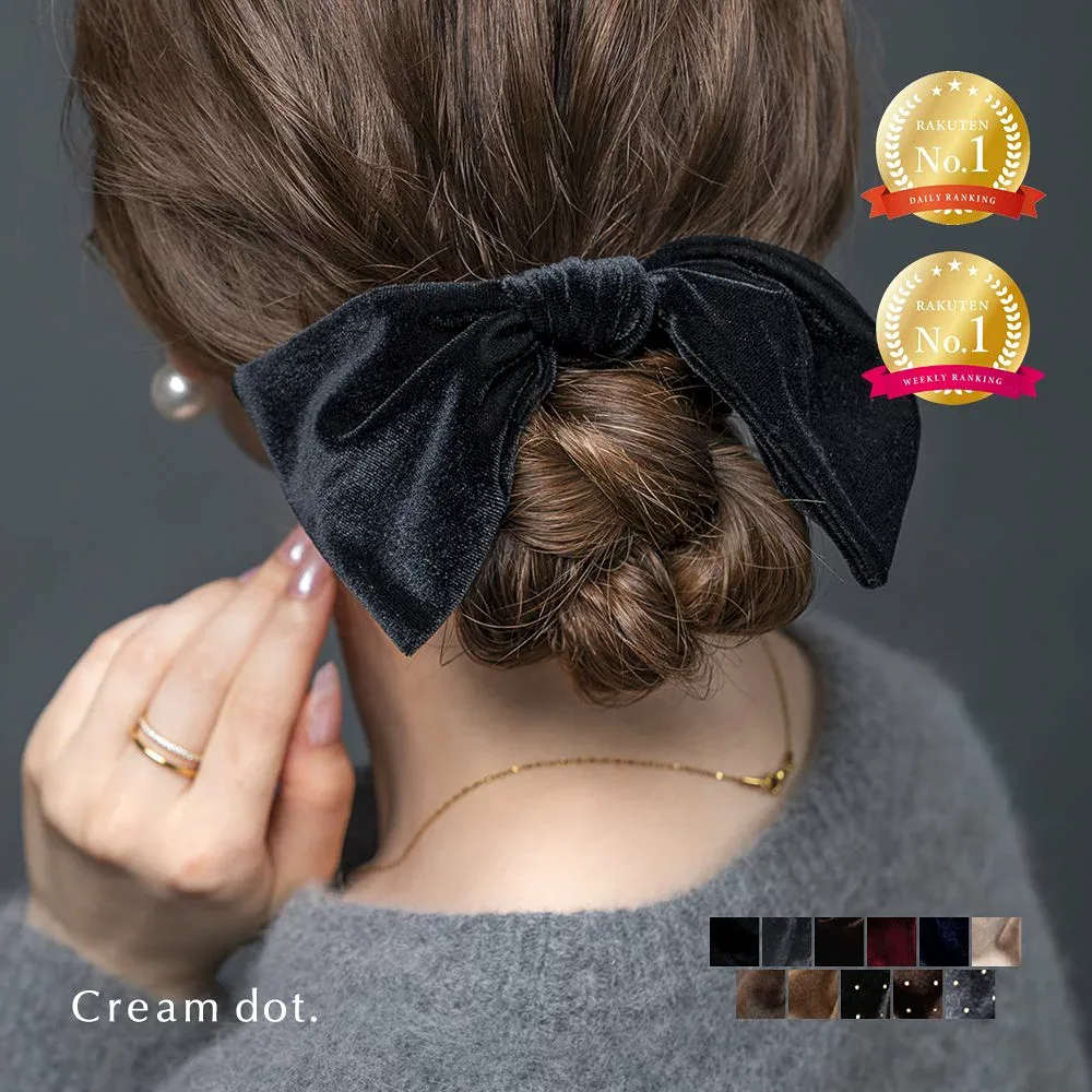 シュシュ リボン ベロア ベルベット スクエア 大きめ ヘアアクセサリー ヘアゴム ドットスタッズ 2タイプ ブラック グレー ブラウン ベージュ キャメル モカ ネイビー ワイン