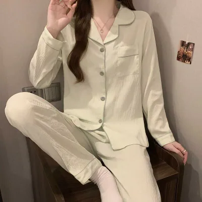 Pajamas for women, long sleeves, long pants, top and bottom set, loungewear, nightwear, loungewear, open front, cute, cloud pattern, soft, cotton blend, spring, summer, fall, loose, body coverage, large size, plus size, relaxing wear, nightwear, comfortable, breathable, casual, simple, soft to the touch