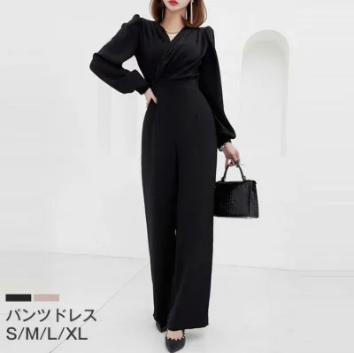 パンツドレス オールインワン レディース フォーマル 長袖 きれいめ パーティードレス 母 ママ パンツスーツ 結婚式 Vネック 無地 春 夏 秋 パーティードレス 卒業式 ワイドパンツ Vネック 長袖 春 夏 秋 ガウチョ セレモニー 大きいサイズ ガウチョパンツ
