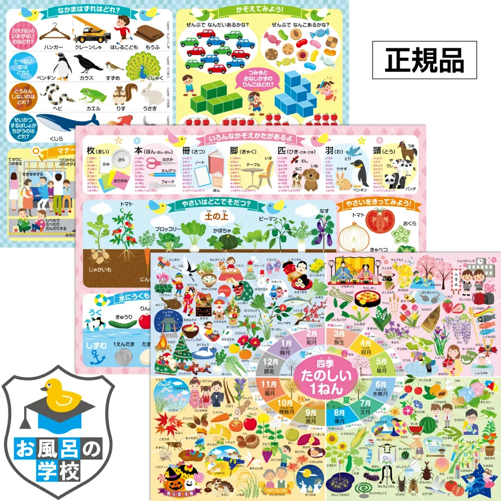 お風呂の学校 小学校 お受験 対策 お風呂 知育 ポスター お風呂ポスター 3枚セット (季節の花・食べ物・行事・ものの数え方・二十四節気・マナー違反などを網羅) 小学校受験 B3サイズ 防水 知育ポスター おふろ おもちゃ