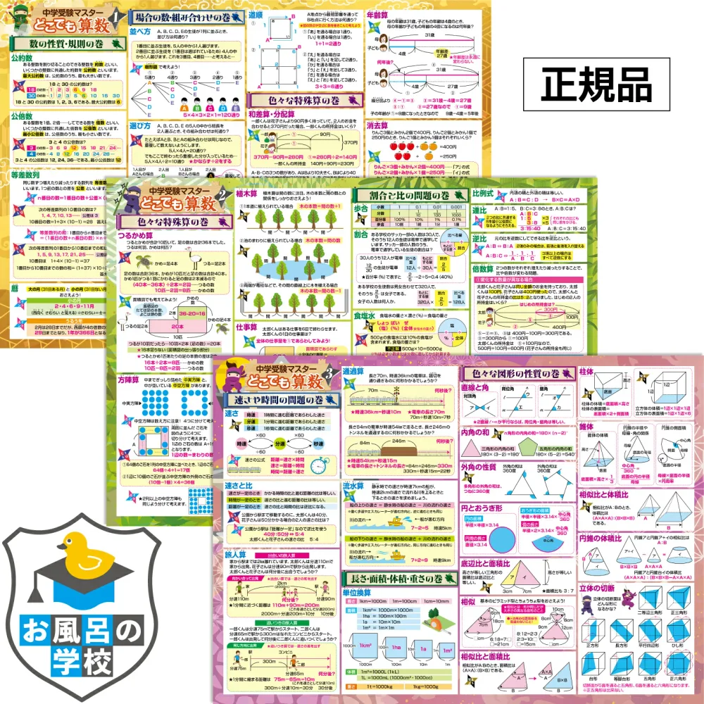 お風呂の学校 中学受験 算数 1~3 お風呂ポスター 3枚セット 中学受験 お風呂 知育 ポスター 中学受験に必要な算数まとめ B3サイズ 小学生 防水 勉強 便利グッズ 日本製 小学4年 小学5年 小学6年 知育グッズ