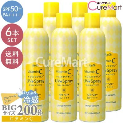 《クーポンで割引》アジャステ UVスプレー ビタミンC グルタチオン 200g(335mL)◆6本セット【送料無料】オレンジバーベナの香り SPF50+ PA++++ UV耐水性★★ ウォータープルーフ 大容量 冷感 近赤外線 紫外線 カット 日焼け止め 顔 髪 全身 保湿 ajuste ドウシシャ