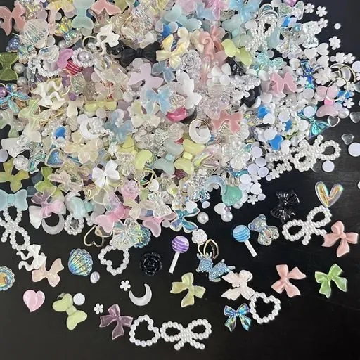 ネイルパーツ 約400個入り 3D 立体 キャンディー クマ 花 ハート リボン ネイルパーツ ストーン 可愛い 大きめ ネイルアート デコパーツ 半円パール ジュエリーパーツ ランダム形 (マルチカ…
